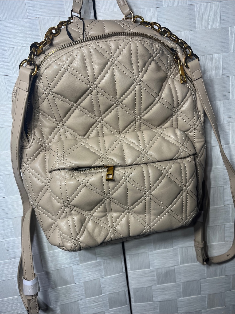 Zara Quilted Taupe Backpack with Gold Chain Accents Eye Catching